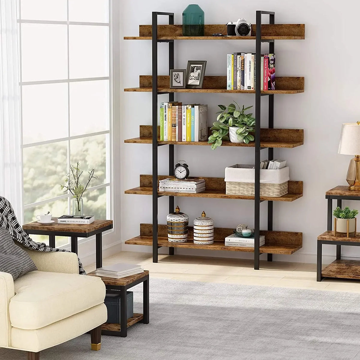 5-Tier Industrial Standing Bookshelf with Iron Pipe Frame