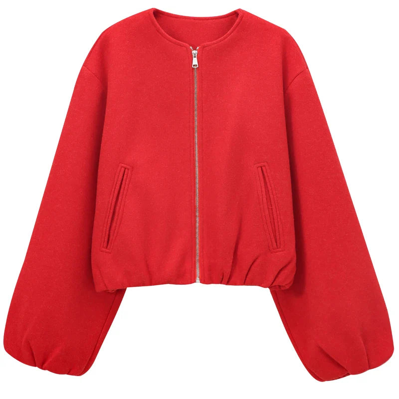Damesjassen Cropped Losse Outerwears Rood Grijs Gebroken Wit Zwart Jasje Met Rits Lange Mouwen Top Casual Varsity Bomberjas