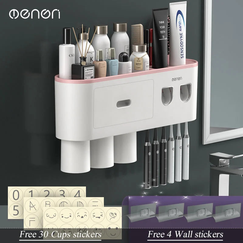 Magnetic Inverted Toothbrush Holder with Automatic Toothpaste Squeezer