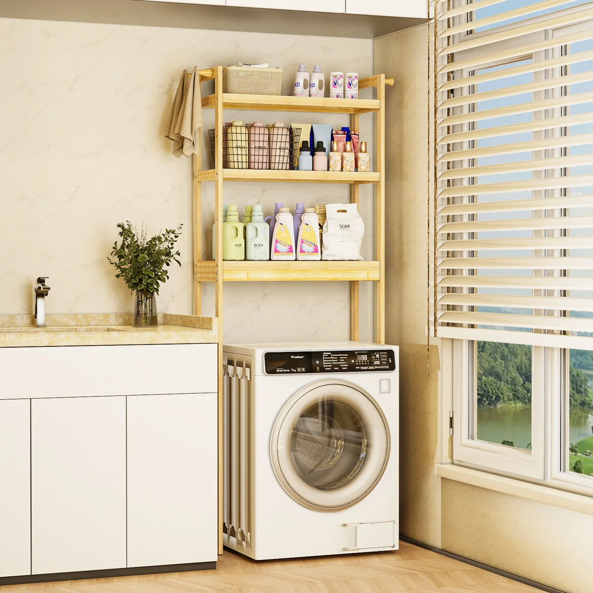 Bamboo Bathroom Finishing Rack with Adjustable Shelves