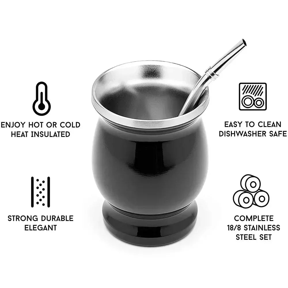 Stainless Steel Yerba Mate Gourd Cup Set - Double Walled Vacuum Insulated Tea Mug with Bombilla Straw and Cleaning Brush - Unisex - 8oz Capacity