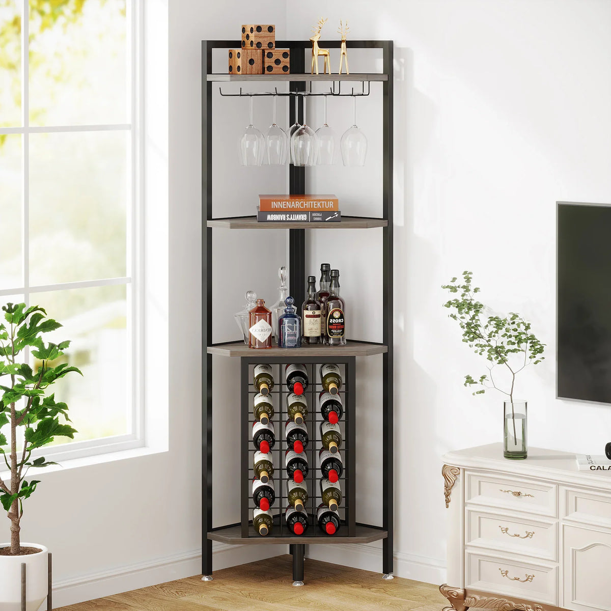 4-Tier Corner Wine Rack with Glass Holder and Storage Shelves