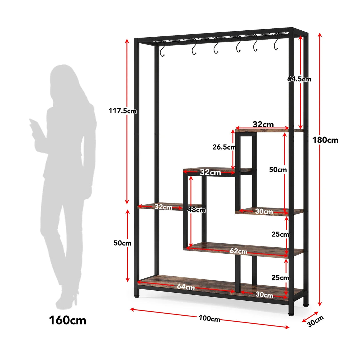 5-Tier Tall Indoor Plant Stand with Metal Frame and Hanging Hooks