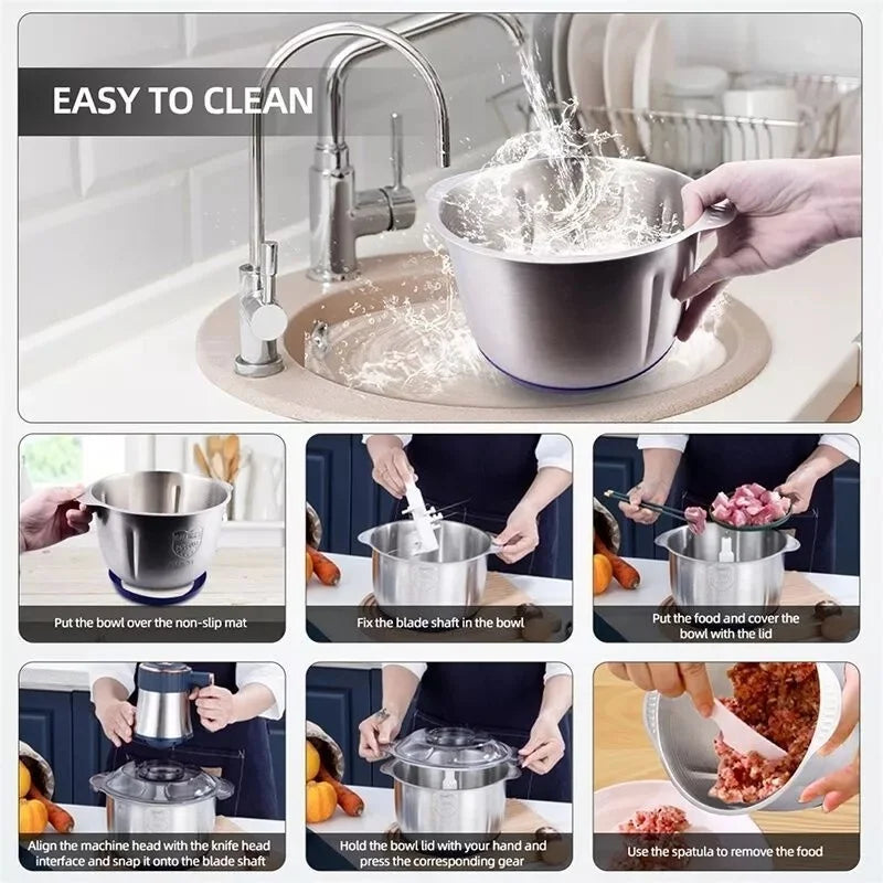 Electric Food Processor and Meat Grinder with 5L Stainless Steel Bowl - Multifunction Kitchen Mixer Machine for Vegetables and Meat - Unisex