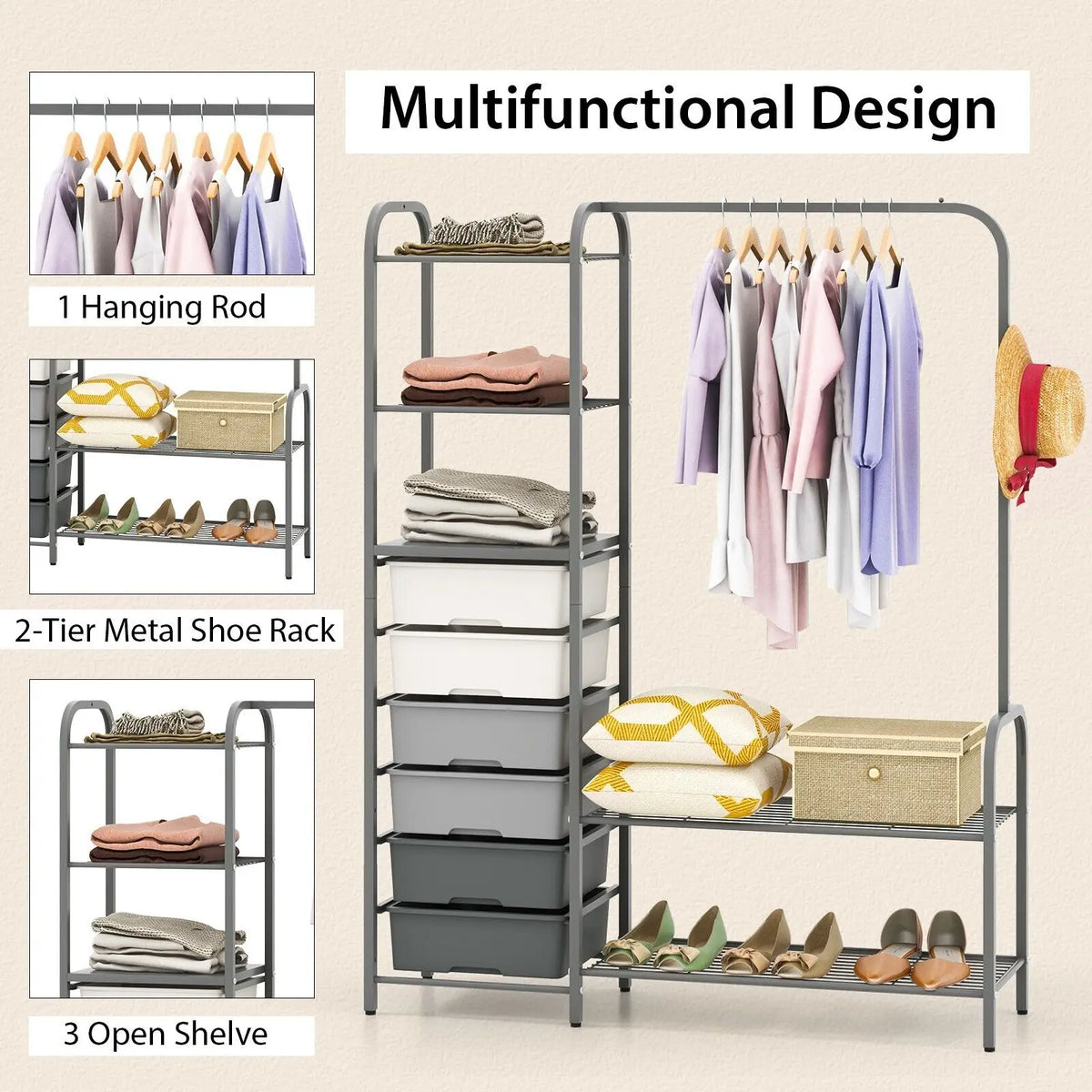 3-Tier Clothes Rails Stand Garment Coat Rack with 6 Storage Drawers