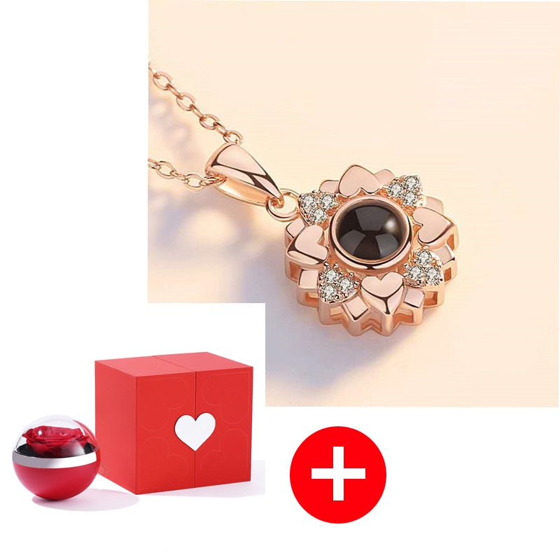 I Love You in 100 Languages Necklaces - With Long Lasting Preserved Rose - To My Love