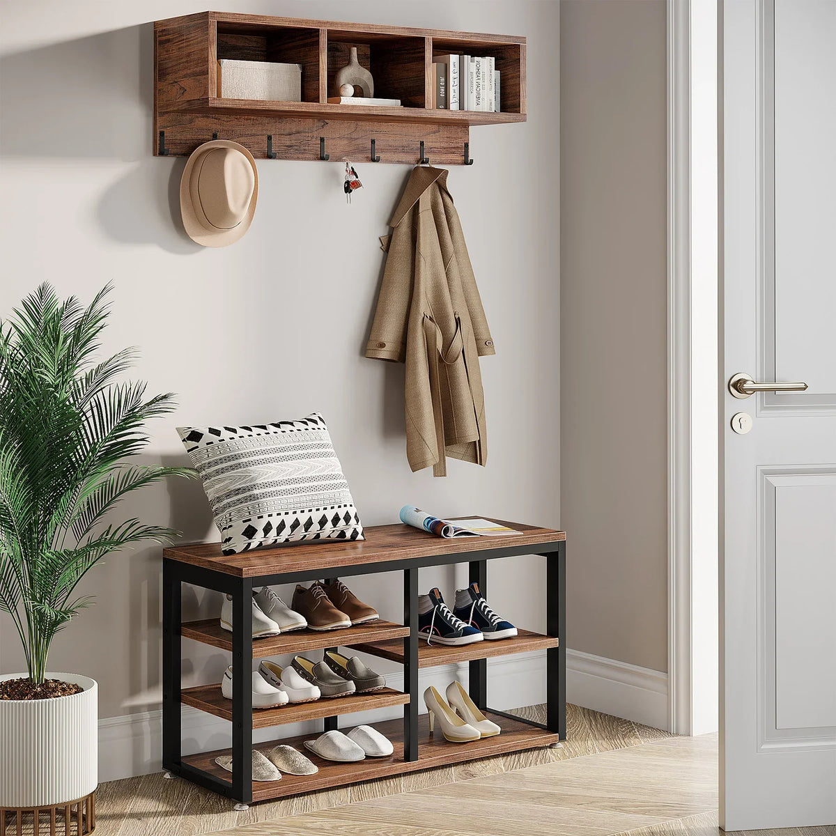 Industrial Coat Rack and Shoe Bench Set with 3 Storage Cubbies