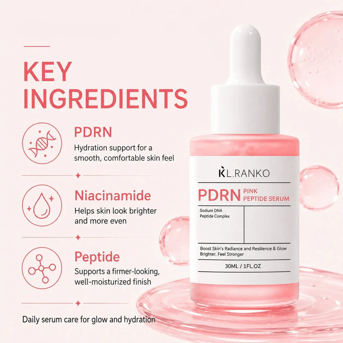 PDRN Peptide Face Serum 30ml with Collagen and Niacinamide – Hydrating Glow Serum
