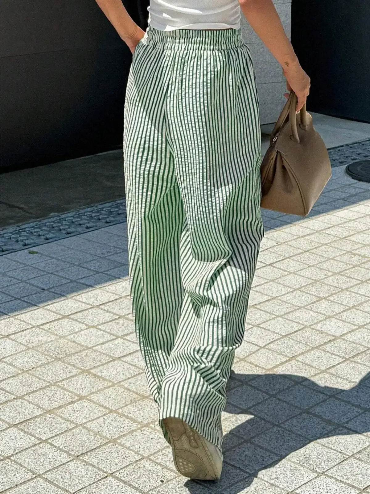 Women's Striped Print Drawstring Waist Wide Leg Pants, Casual Pocket Trousers for Daily Wear, Ladies Bottoms for All Seasons, Womenswear, Summer Clothes Women