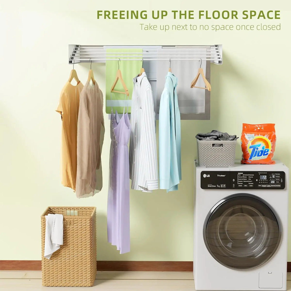 Foldable Wall-Mounted Drying Rack – Space-Saving Laundry Hanger with 5 Aluminum Rods, Heavy-Duty Clothes Dryer Rack
