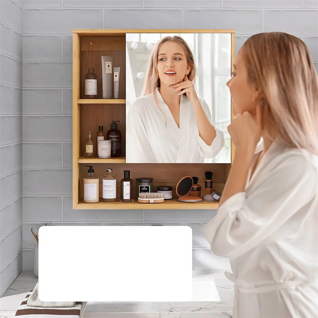 Wall Mounted Bamboo Bathroom Vanity Mirror Cabinet