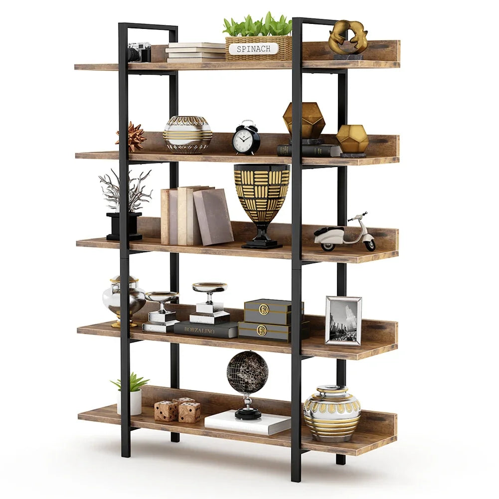 5-Tier Industrial Standing Bookshelf with Iron Pipe Frame