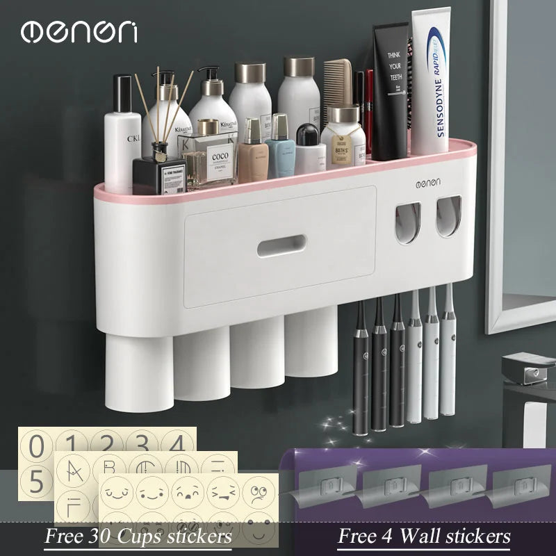 Magnetic Inverted Toothbrush Holder with Automatic Toothpaste Squeezer