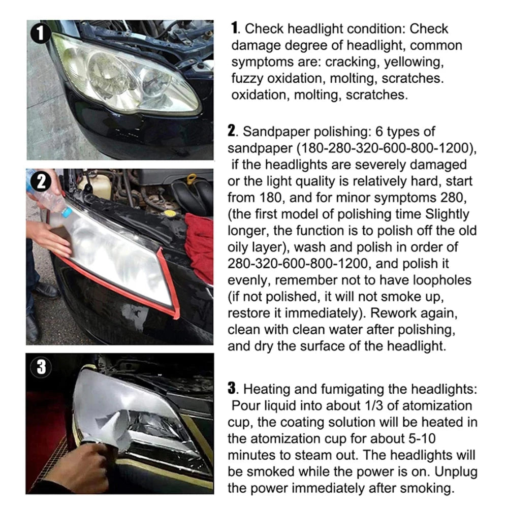 Professional Automotive Headlight Restoration Kit - 3rd Gen Vapor Fumigation Polishing Set for Car Light Renovation and Oxidation Removal