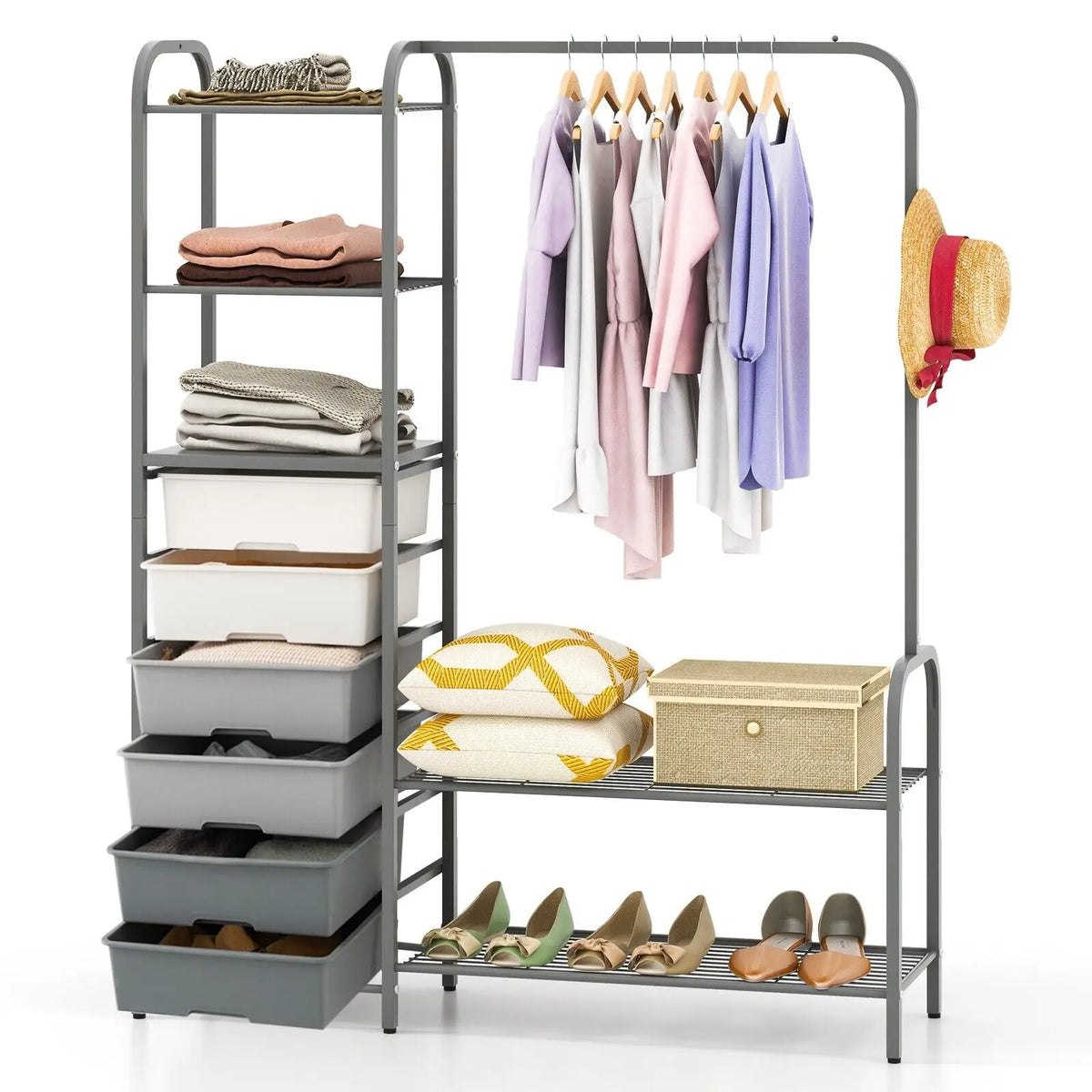 3-Tier Clothes Rails Stand Garment Coat Rack with 6 Storage Drawers