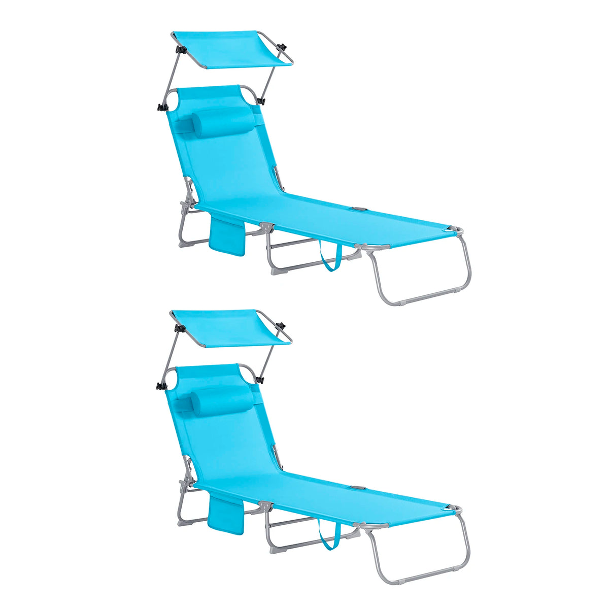 Set of 2 Outdoor Folding Sun Loungers with Adjustable Canopy and Headrest Pillow - Portable Metal Reclining Garden Chairs for Beach and Yard