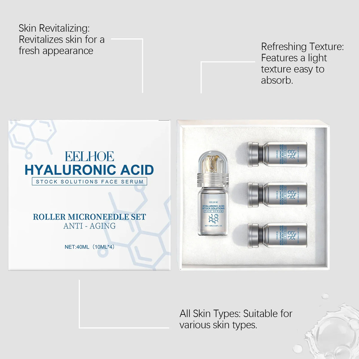 Hyaluronic Acid Face Serum Set with Roller Applicator – 4 x 10ml Moisturizing Serum