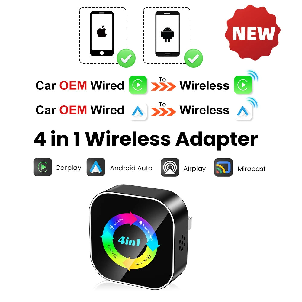 4-in-1 Wireless CarPlay and Android Auto Adapter - Bluetooth WiFi Dongle with AirPlay Mirror Link for Wired Factory Head Units - Universal