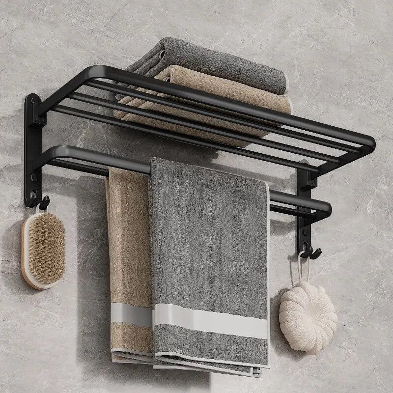 Matte Black Folding Wall-Mount Aluminium Towel Rack with Hook