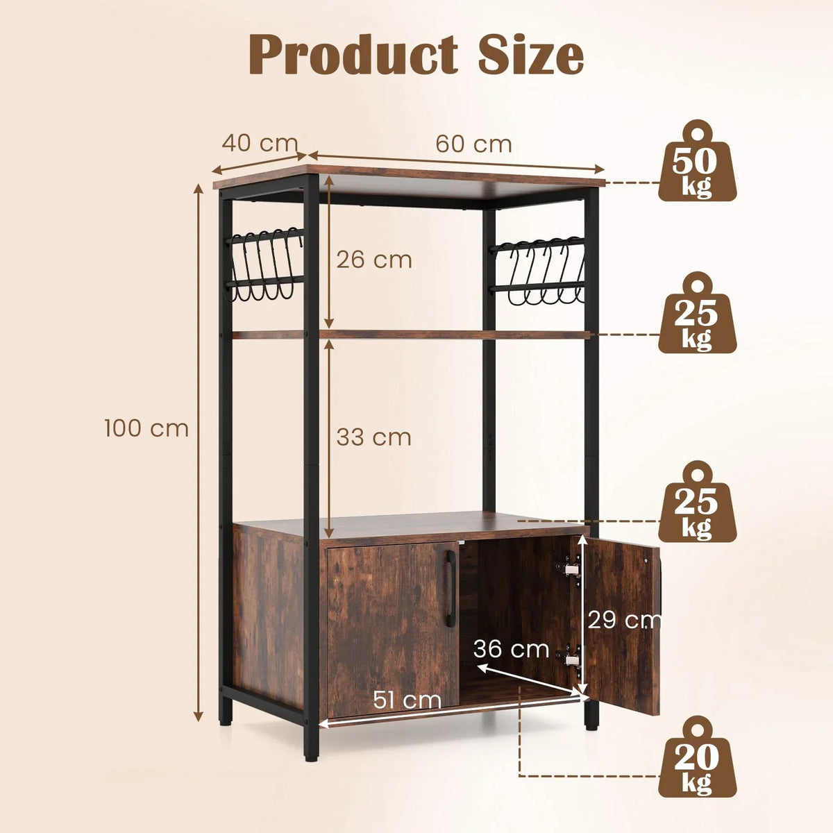 3-Tier Industrial Kitchen Bakers Rack with Cabinet