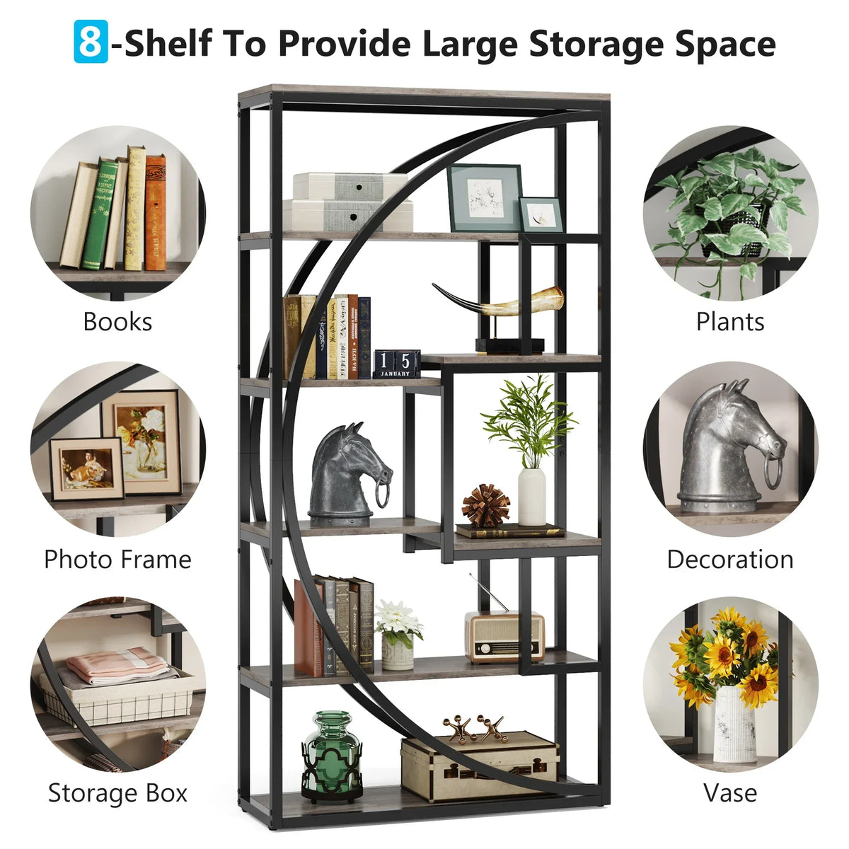 5-Tier Industrial Etagere Bookcase with 8 Open Storage Shelves