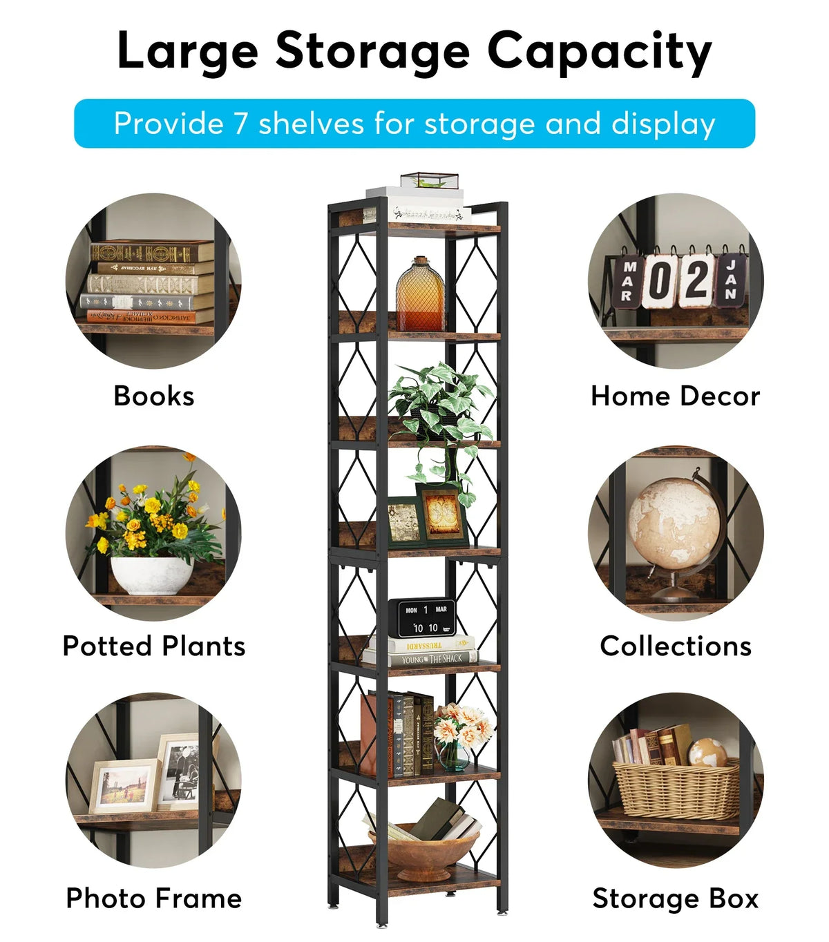 7-Tier Extra Tall Narrow Bookshelf for Small Spaces