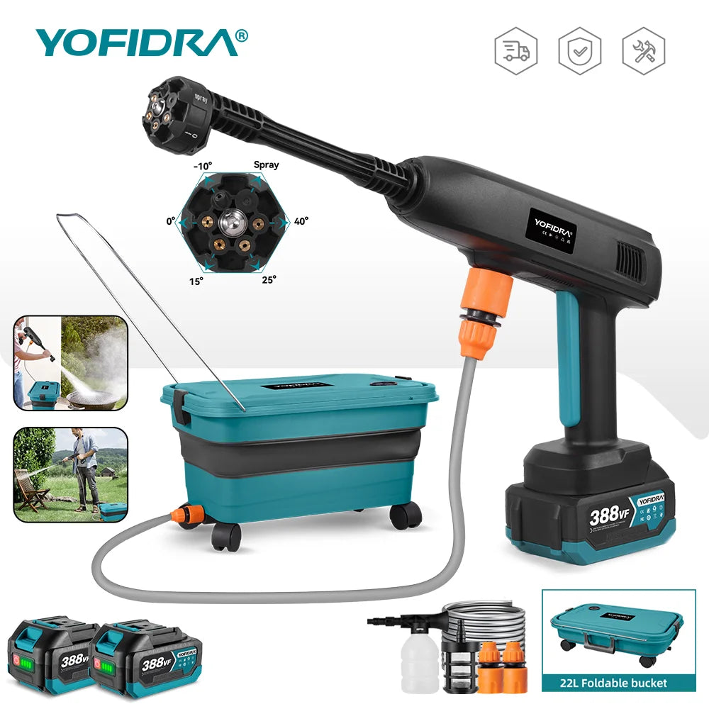 Portable High Pressure Electric Water Spray Gun - 6-in-1 Cordless Car Washer and Garden Cleaning Tool with 22L Foldable Water Bucket - Unisex