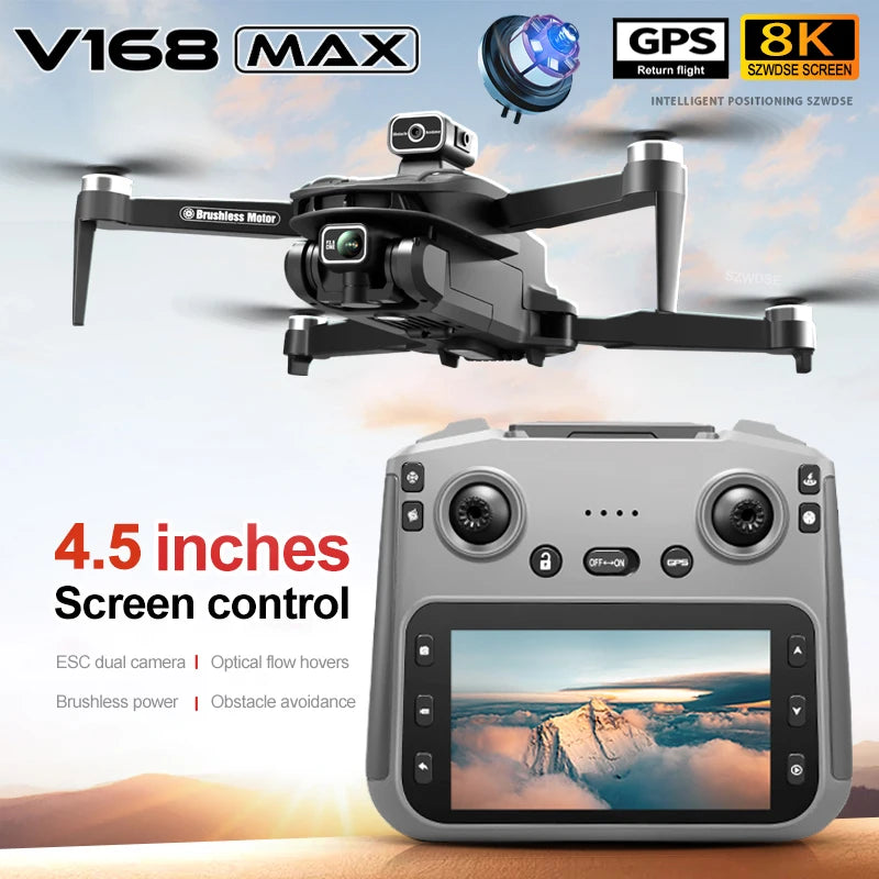 V168 MAX GPS Folding Drone with 8K Camera - Professional Brushless Aerial FPV Quadcopter with Obstacle Avoidance and Large Screen Remote