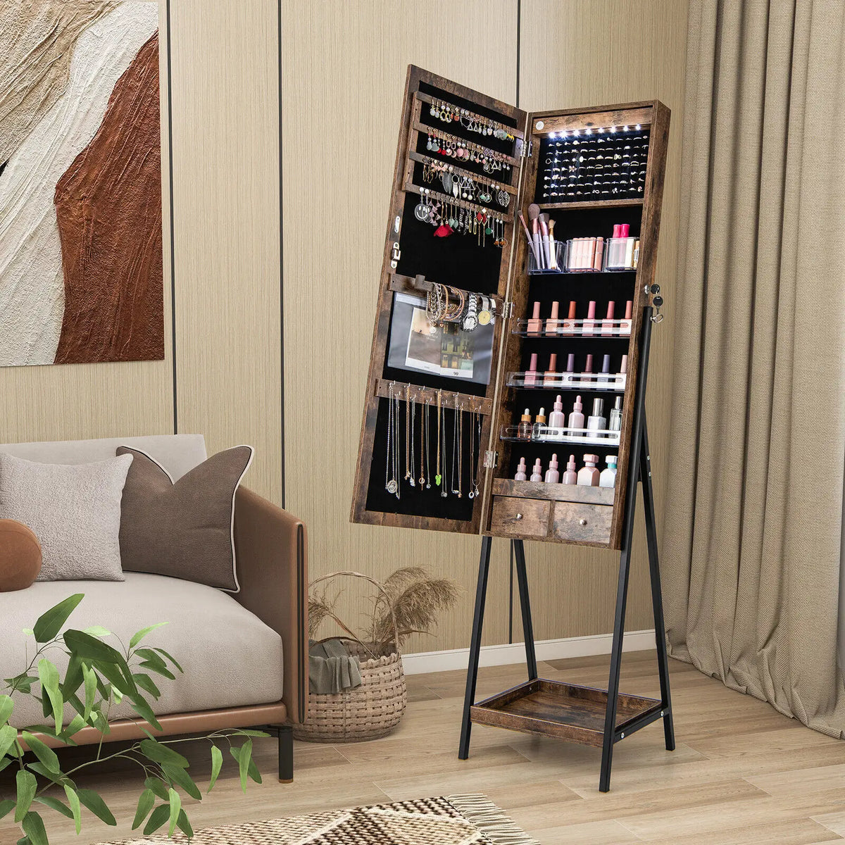 LED Jewellery Mirror Cabinet with Lockable Armoire