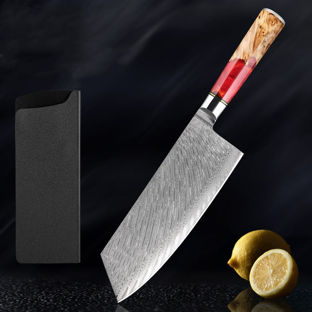 SAKUTO (作東) Japanese Damascus Steel Kitchen Knife Set With Coloured Red Handle