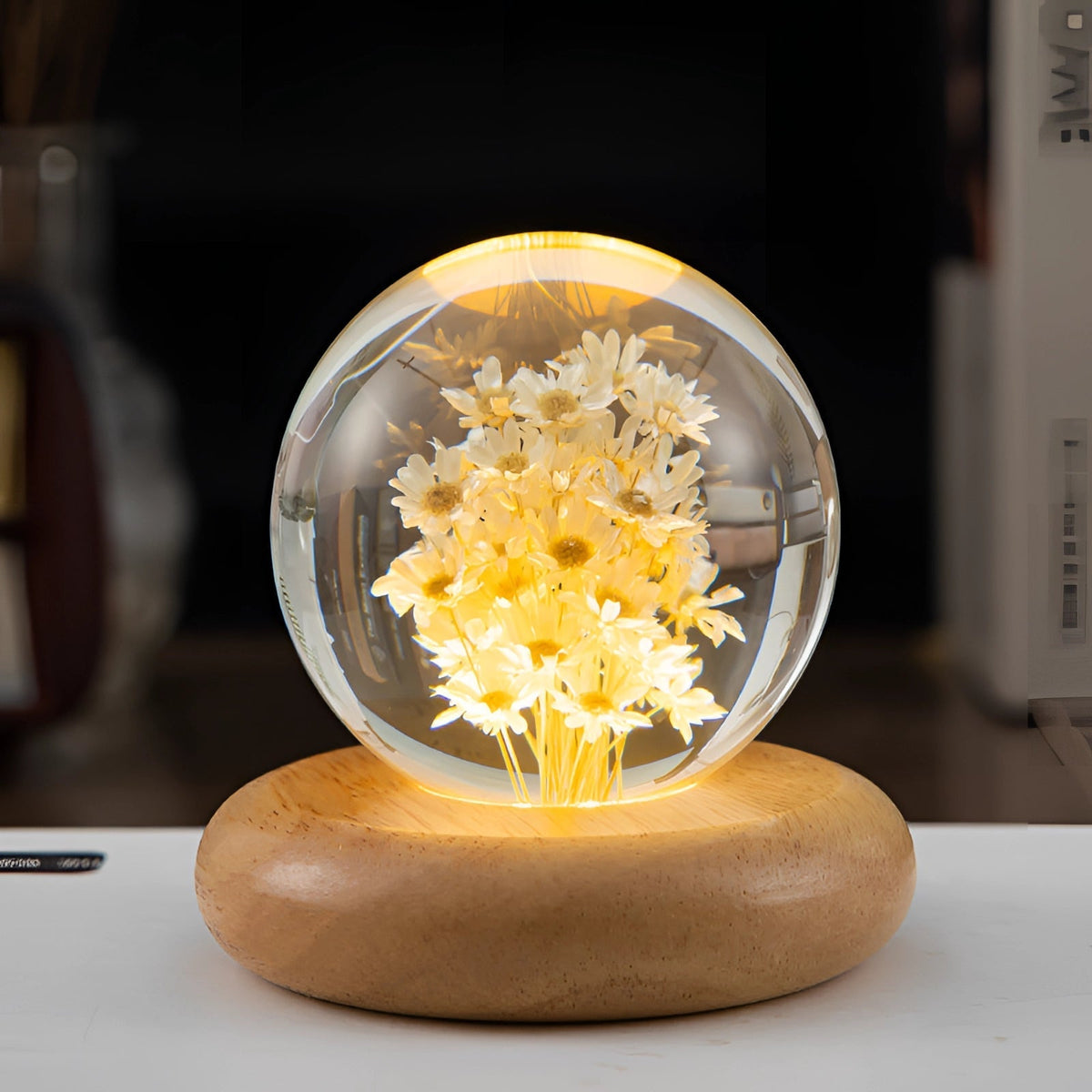 Dandelion Resin Lamp with LED Wooden Base - Unique Botanical Night Light