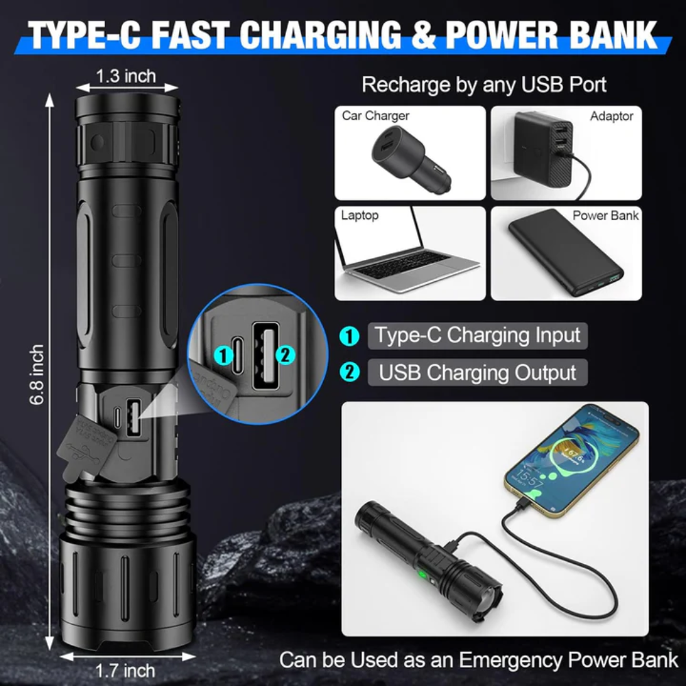 Flashlight Rechargeable Tactical LED High Lumens Long Range Torch