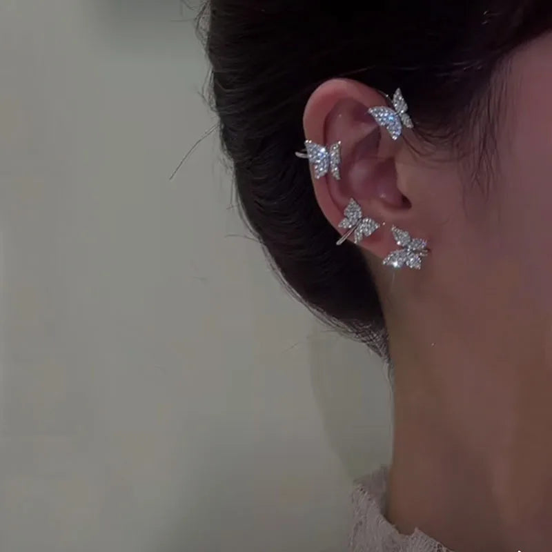 Exquisite Sparkling Zircon Leaves Ear Cuff Stud Earring for Women Silver Color Cubic Zirconia Earrings Party Jewelry