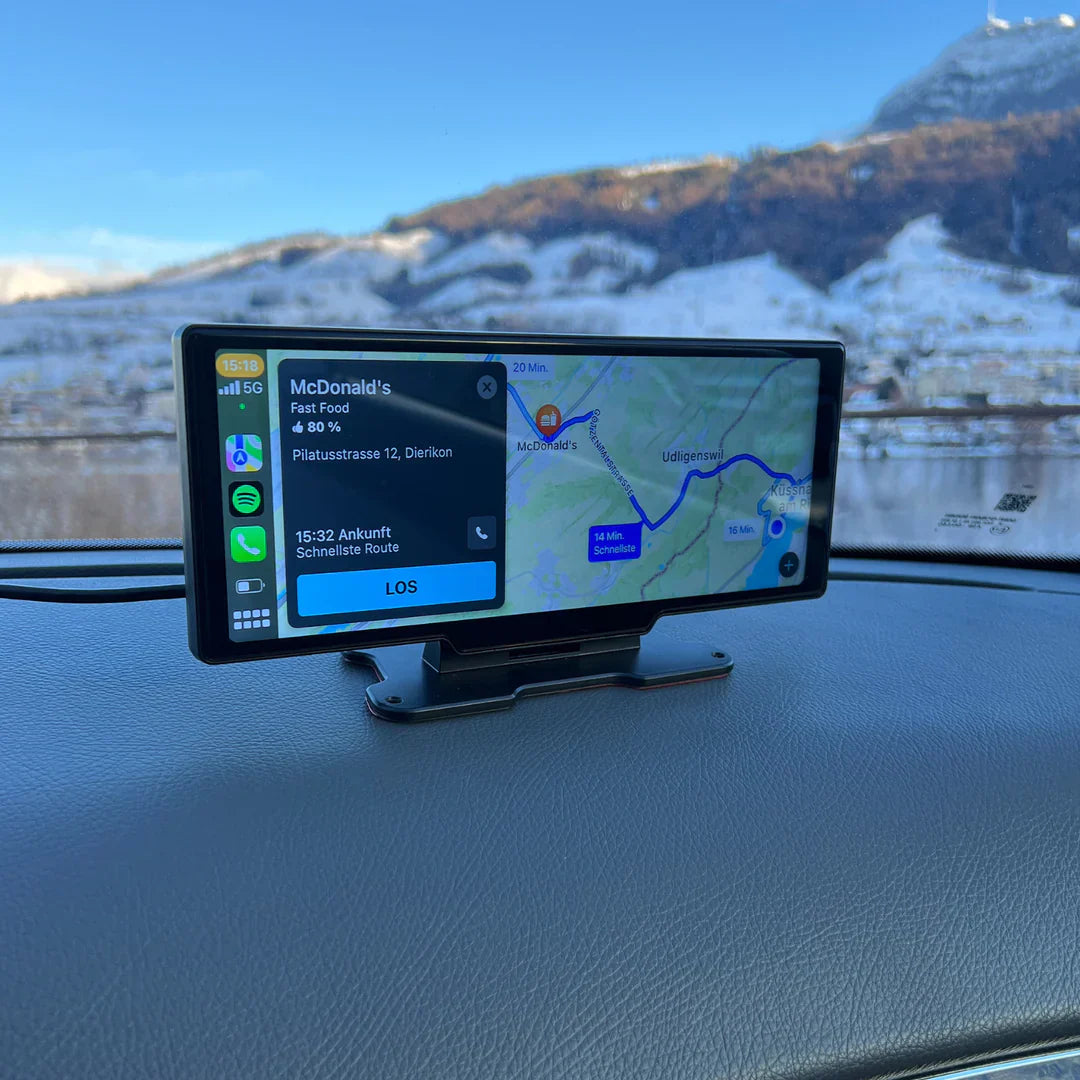 Wireless Apple CarPlay and Android Auto Portable Touchscreen Display for Universal Vehicles - Dashboard Mounted Car Multimedia Player with Bluetooth and Dashcam