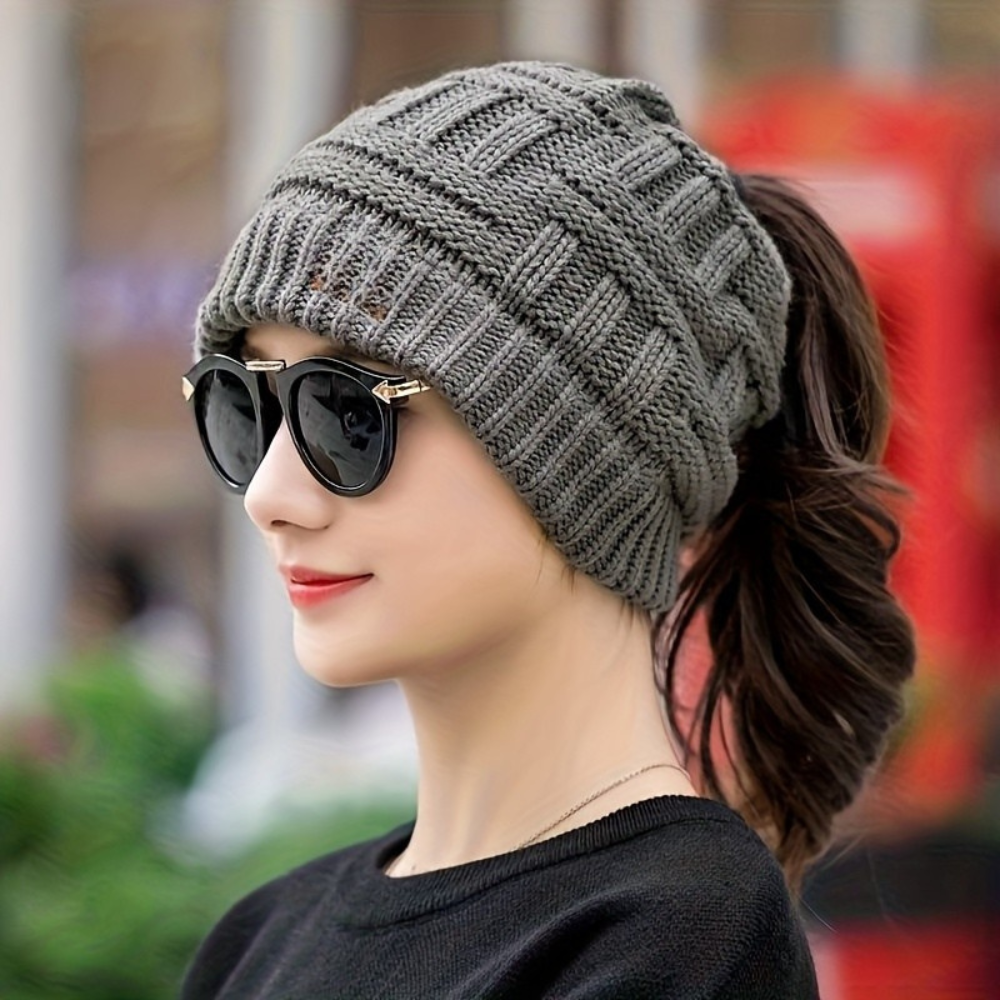 Women's Warm Knitted Winter Beanie Hat - Cozy Messy Bun Gift