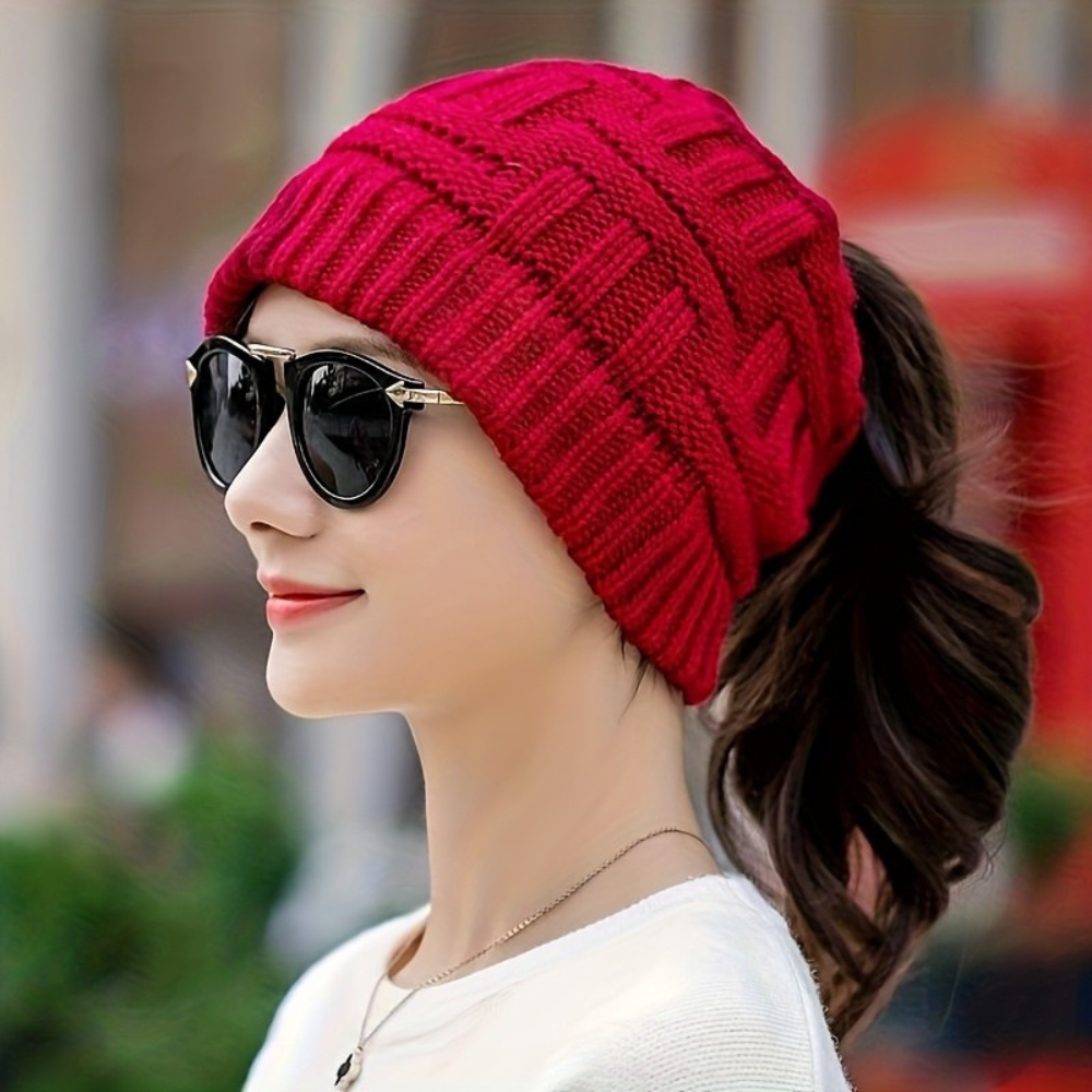Women's Warm Knitted Winter Beanie Hat - Cozy Messy Bun Gift