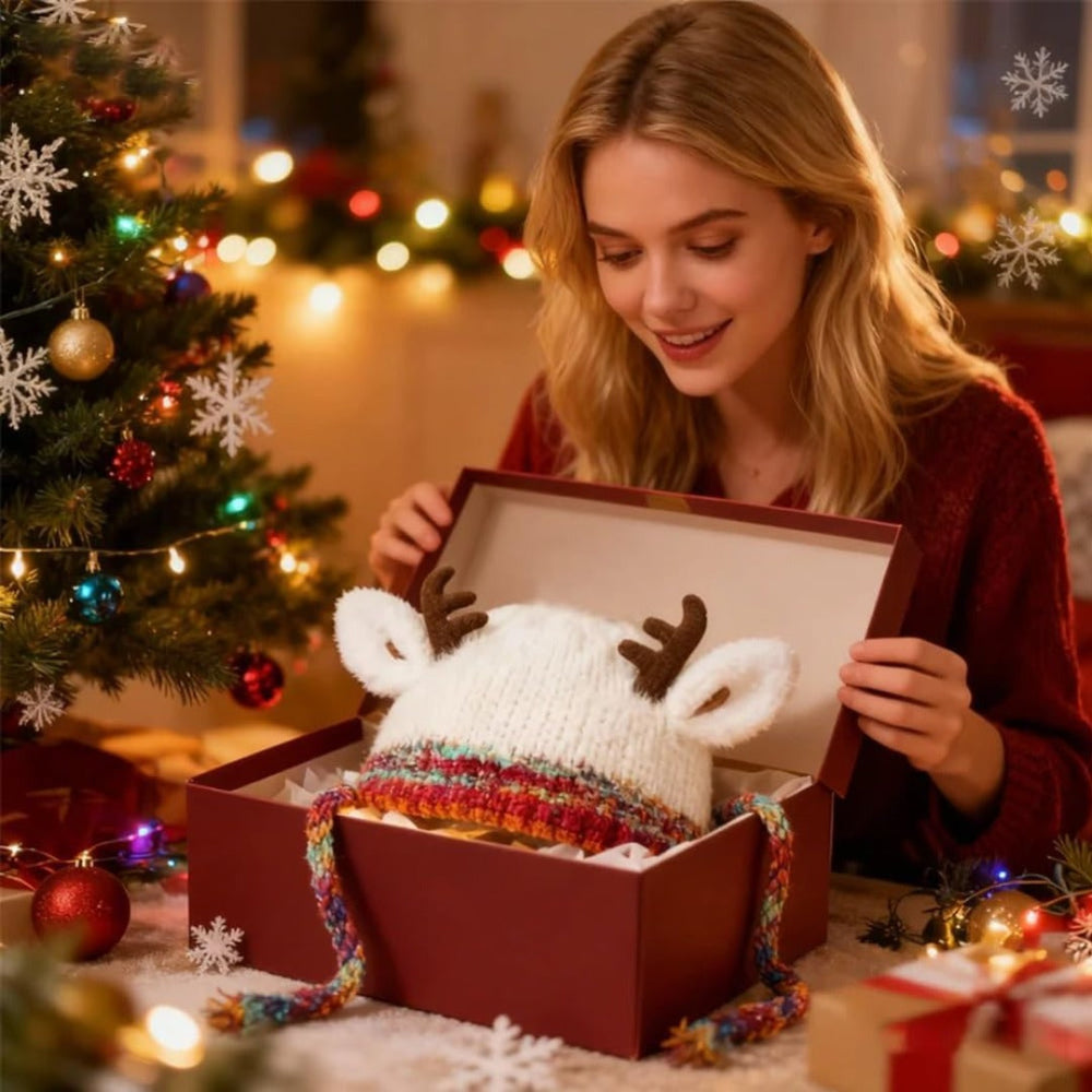 Women's Cozy Reindeer Knit Beanie - Cute Winter Hat Antlers
