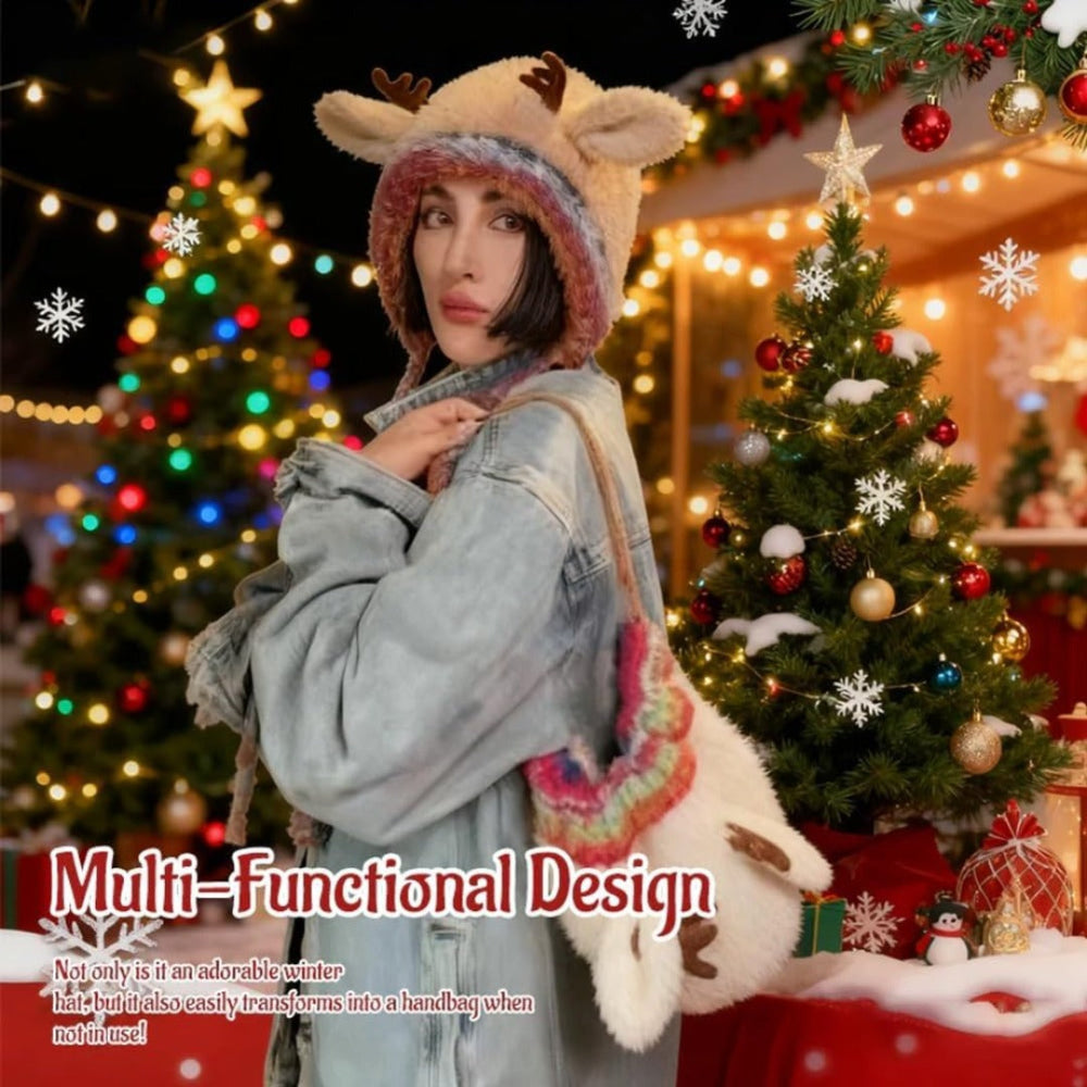 Women's Cozy Reindeer Knit Beanie - Cute Winter Hat Antlers