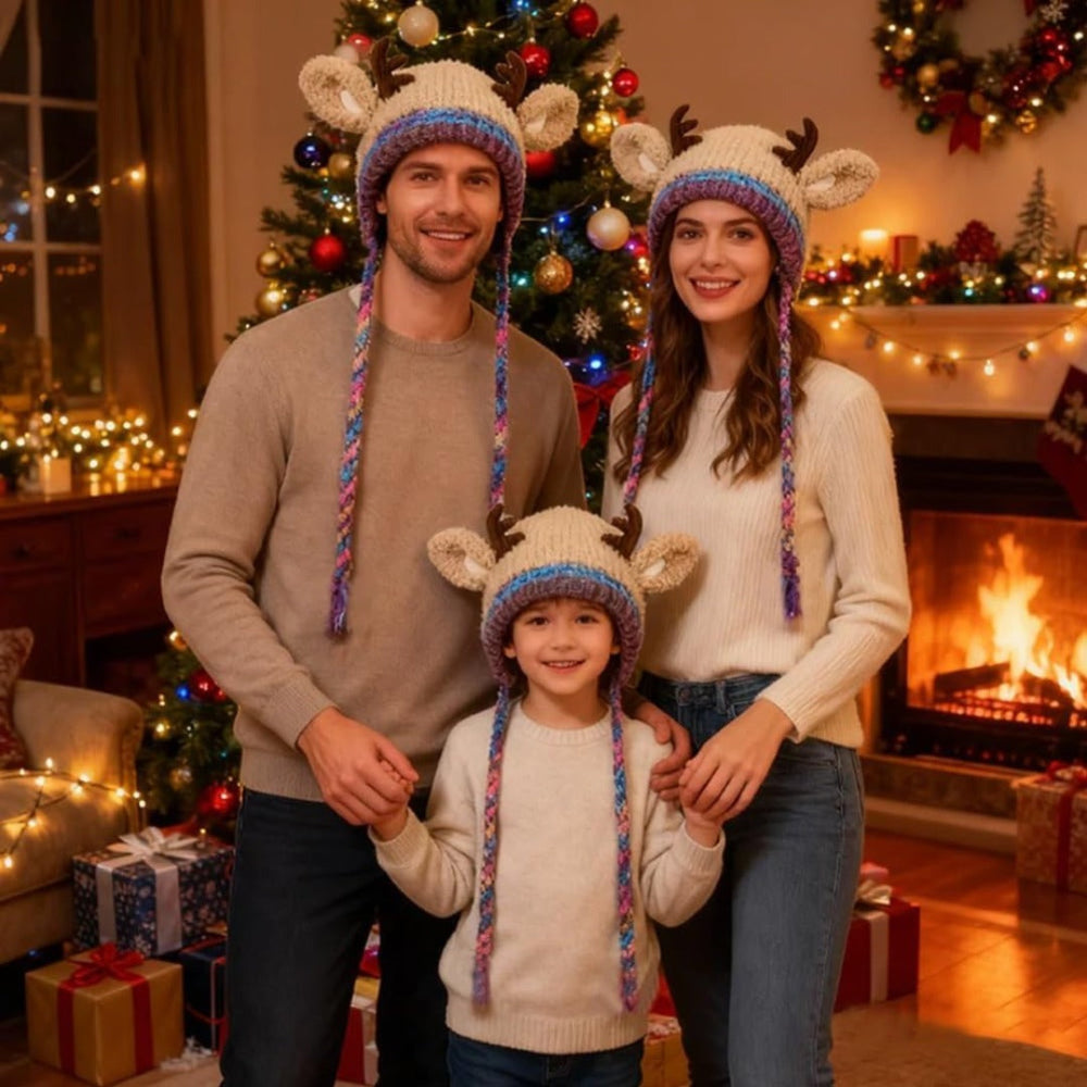 Women's Cozy Reindeer Knit Beanie - Cute Winter Hat Antlers