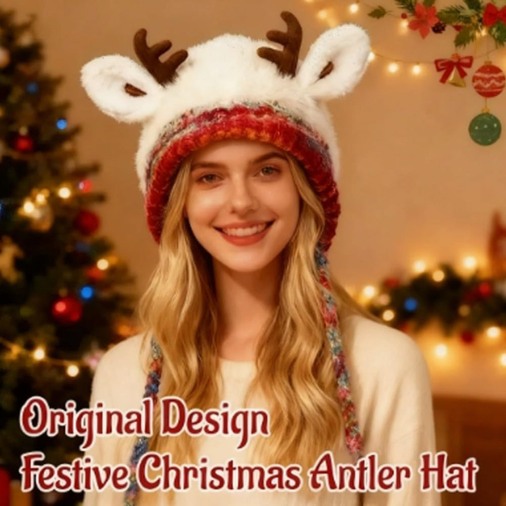 Women's Cozy Reindeer Knit Beanie - Cute Winter Hat Antlers