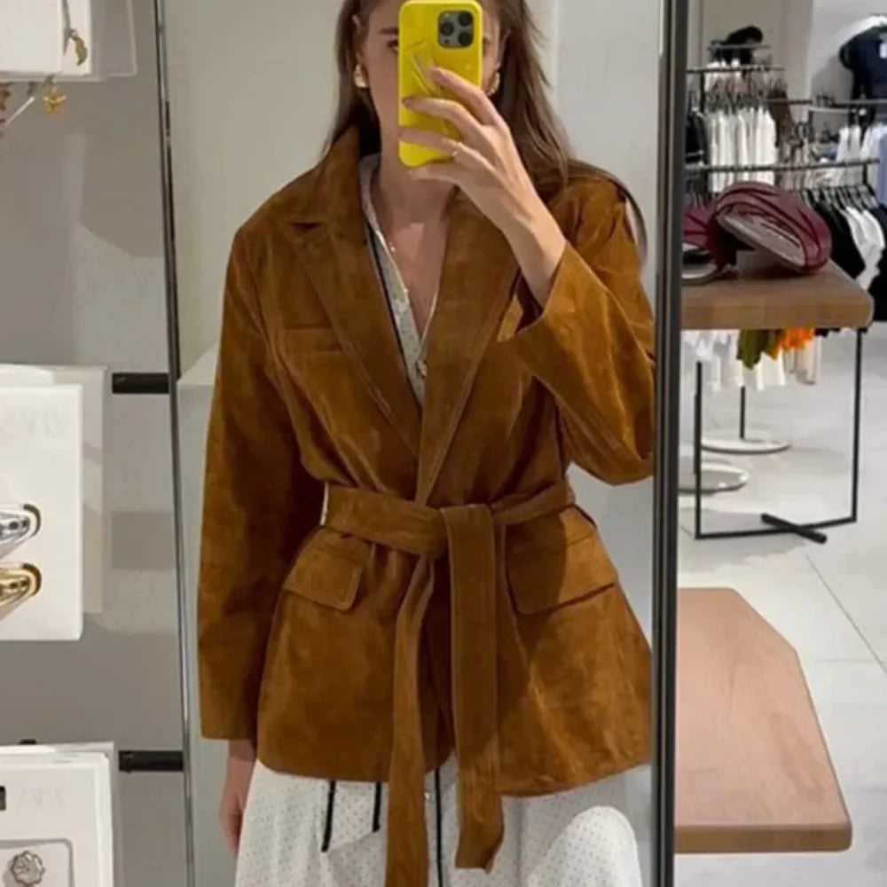 Women's Suede Belted Blazer Jacket Casual Thanksgiving Outfit