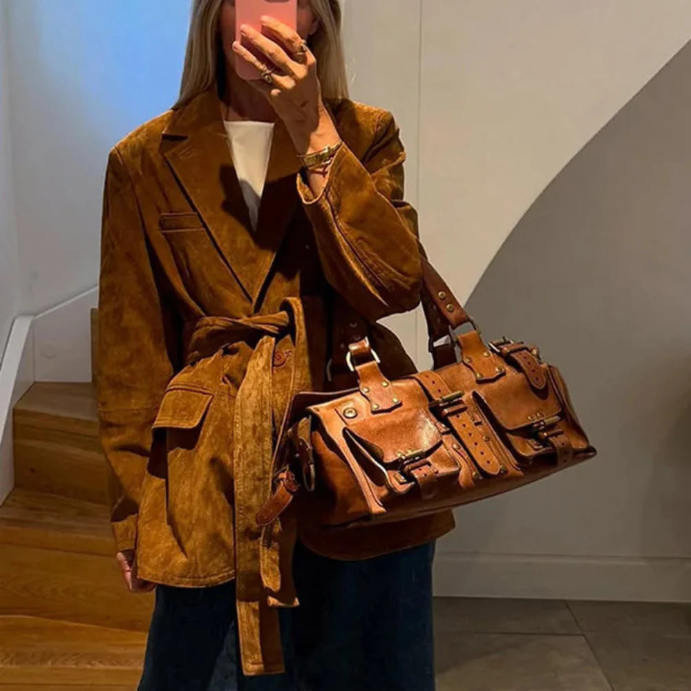 Women's Suede Belted Blazer Jacket Casual Thanksgiving Outfit