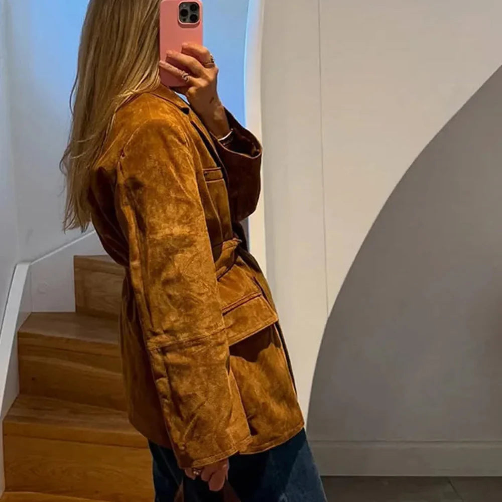 Women's Suede Belted Blazer Jacket Casual Thanksgiving Outfit