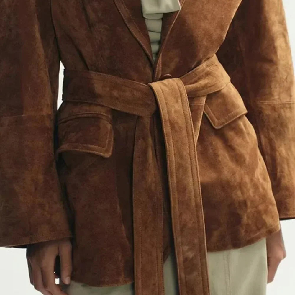 Women's Suede Belted Blazer Jacket Casual Thanksgiving Outfit