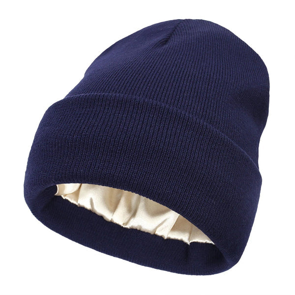 Women's Wool Winter Beanie with Anti-Frizz Silk Lining - Warm Knit Skull Cap for Hair Protection against Static and Breakage - 22 x 23cm