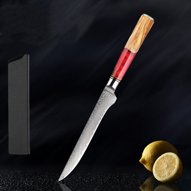 SAKUTO (作東) Japanese Damascus Steel Kitchen Knife Set With Coloured Red Handle