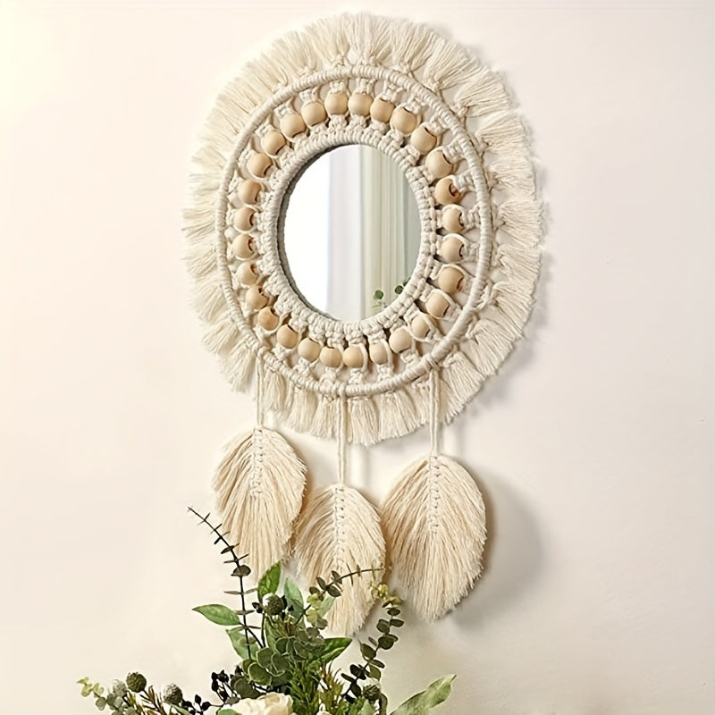 Hanging Wall Mirror - Wall Mirror with Beads & Feathers