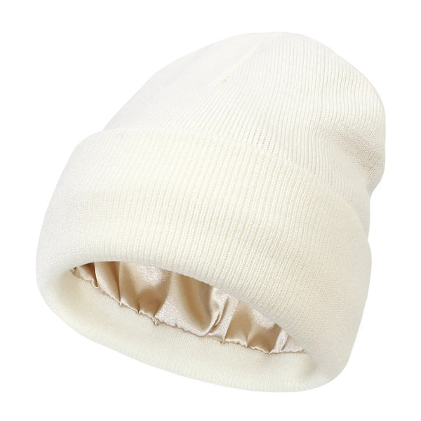 Women's Wool Winter Beanie with Anti-Frizz Silk Lining - Warm Knit Skull Cap for Hair Protection against Static and Breakage - 22 x 23cm