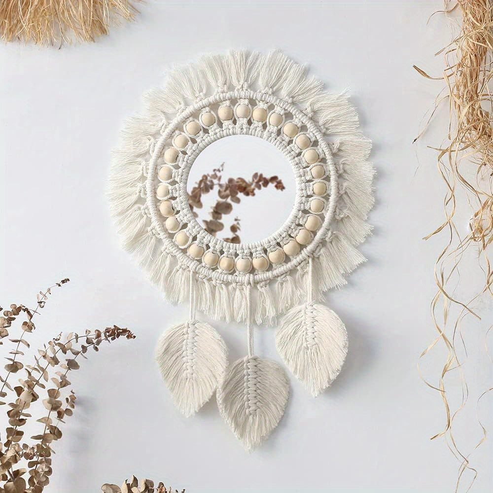 Hanging Wall Mirror - Wall Mirror with Beads & Feathers