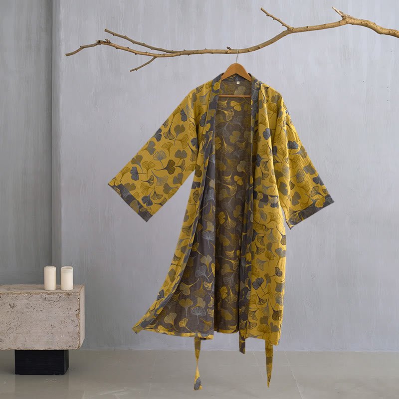 BILORAE – Ginkgo Cotton Kimono Bathrobe for Breathable Daily Comfort
